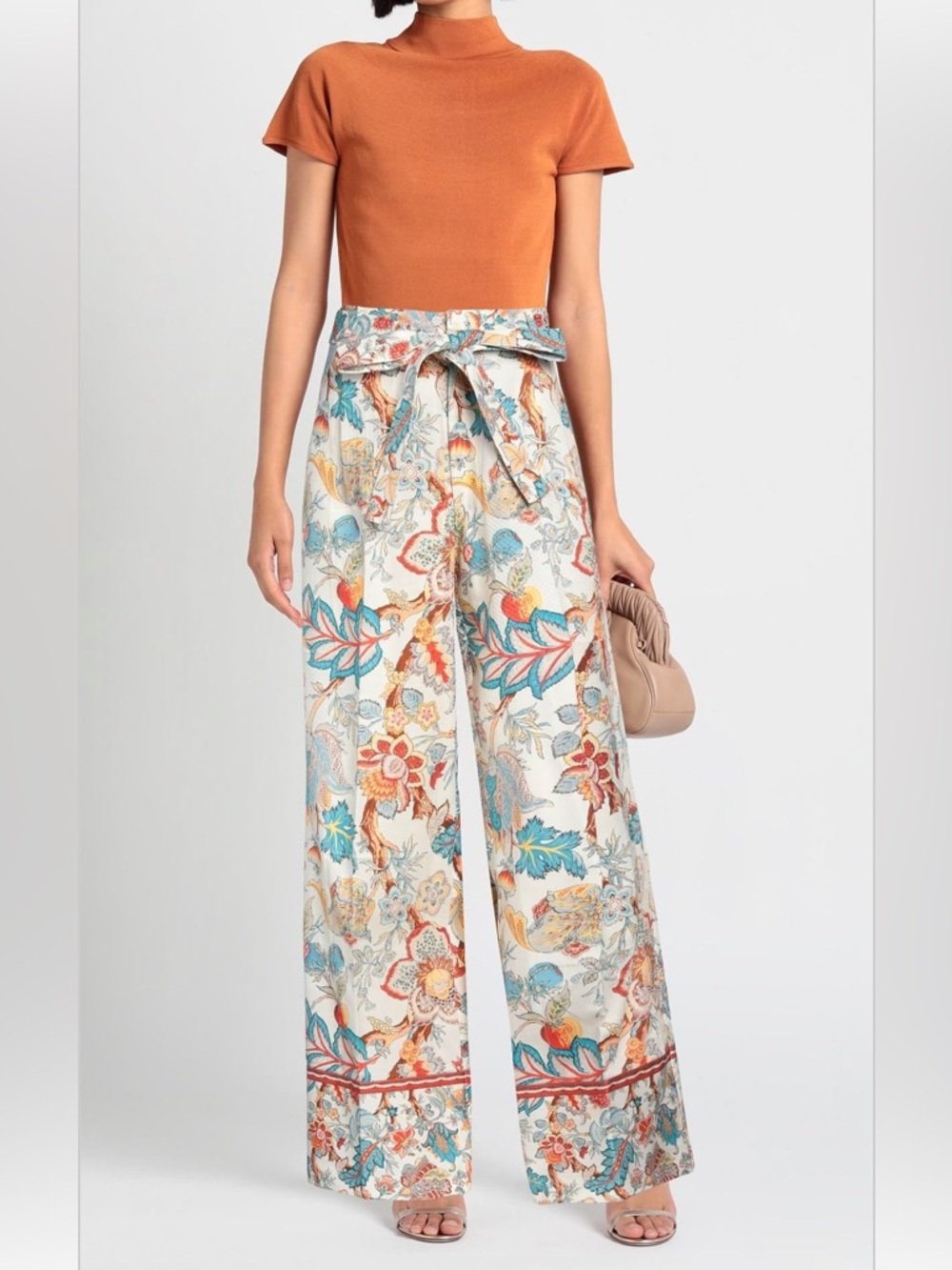 Etro Cream Floral-Paisley Wide-Leg Tie-Waist Pants with Teal and Orange Accents
